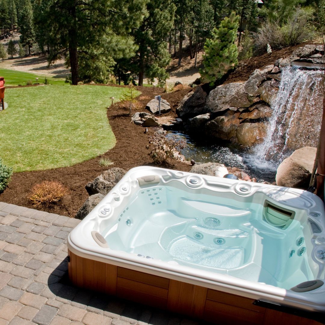 hot tub in a mountain backyard