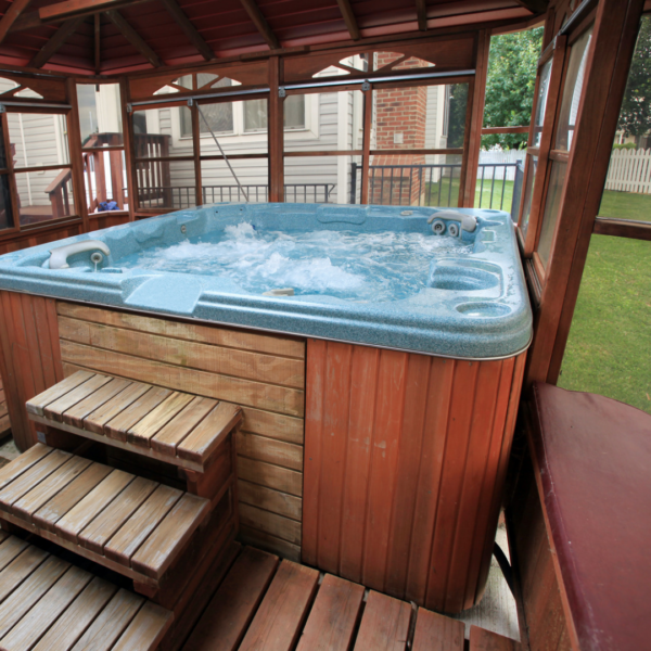 Image of a hot tub with wooden steps